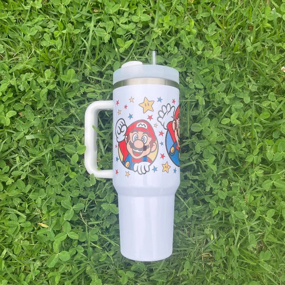 Custom Nintendo Super Mario Bros Tumbler 40 oz tumbler with hand carry handle. B